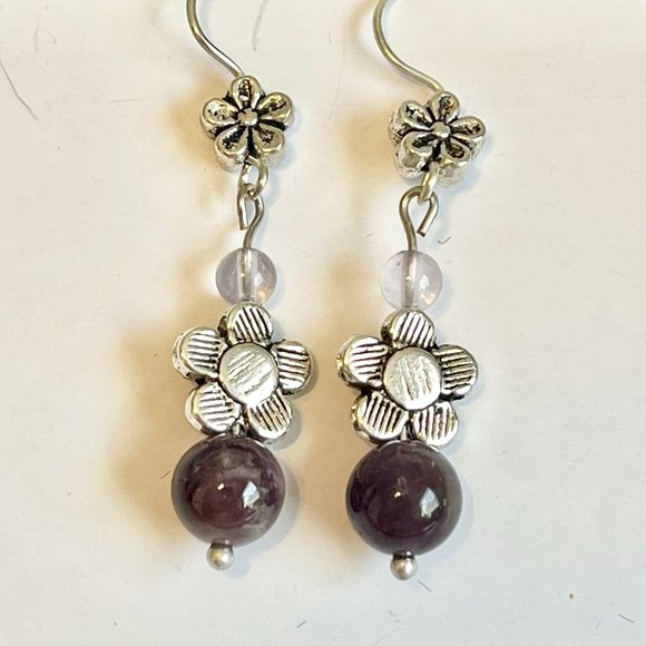 Lavender Purple Amethyst Bead Earrings Silver Plated Flower Dangle Semiprecious - Picture 4 of 7